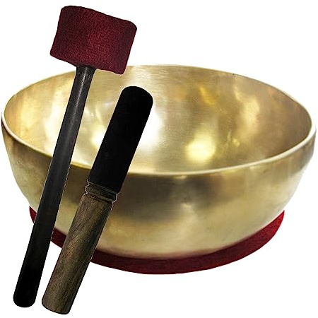 Therapieklangschale 1000-1200g Klangschale Handarbeit (Nepal) 4-tlg. Klangmassage-Set SCHULSTRESS-SCHALE 20-22cm + Kissen + Reibeklöppel + Filz-Therapieklöppel. 70220-9