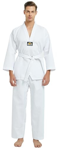 TOPTIE Uniforme de Taekwondo à col en V pour Enfants et Adultes, Uniforme d'étudiant TKD Dobok, Uniforme d'arts Martiaux avec Ceinture, Garniture Blanche, Taille 0