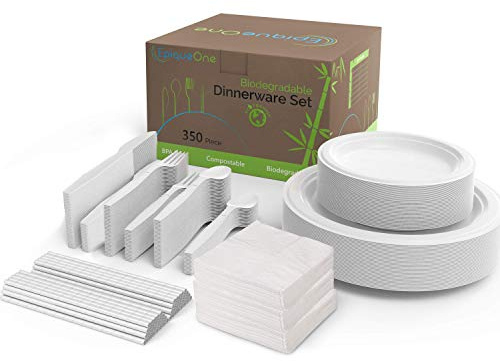 EPIQUEONE Disposable Paper Plates & Utensils Set (350-Piece) - White Tableware with Plates, Forks & Spoons -Microwave & Freezer Safe - Bulk Party Supply for Camping & Picnics