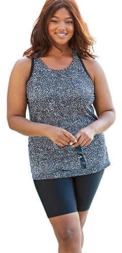 Swimsuits For All Swim 365 Women's Plus Size Longer-Length High-Neck Racerback Tankini Top - 22, Black White Leopard