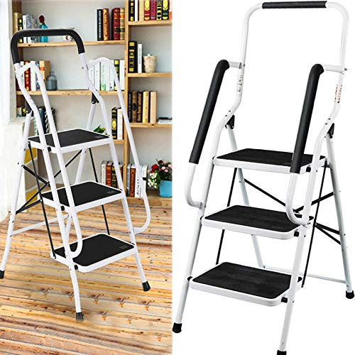3 Stufen Klappleiter mit Handlauf, Tragbare Klappbar Stuhl Trittleiter mit Rutschfeste Matte Einfache Aufbewahrung, breitem Pedal Anti-Rutsch Füße Sicherheit Robuster Tritthocker, bis 150 kg belastbar