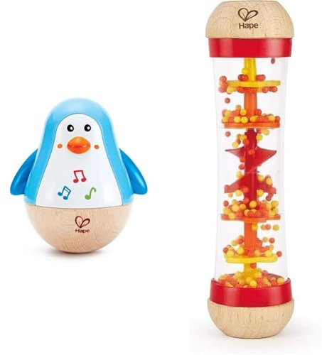 Hape E0331 - Stehauf-Pinguin, Stehaufmännchen mit Klang, blau, ab 6 Monaten & E0327 - Roter Regenmacher, Musikspielzeug, ab 0 Monaten