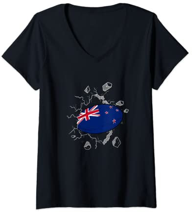 Damen Neuseeland Rugby Trikot Neuseeland Flagge Rugby Ball Sport T-Shirt mit V-Ausschnitt