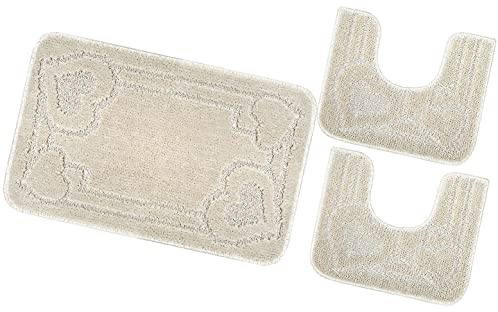 emmevi Tappeto Bagno Parure Soffice Antiscivolo Assorbente Lavabile Moderno MOD.Moorea 8 Set 3 Pezzi Beige
