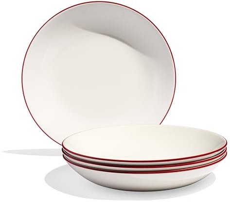 Made In Cookware - Set of 4 - Entrée Bowls - White With Red Rim - Porcelain - Crafted in England