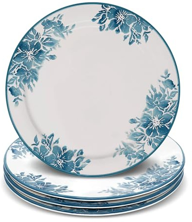 Lashuma Piatti piani a forma di genziana blu, set da 4 piatti piani rotondi, grandi piatti in ceramica, diametro 25 cm