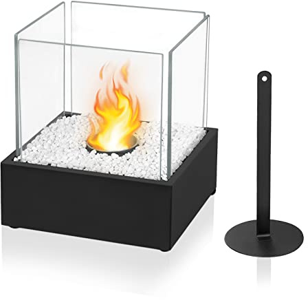 VA-Cerulean Camino da tavolo,portatile a bioetanolo,camino in vetro con camera di combustione in acciaio inox,per interni ed esterni, balcone,terrazza bar (tipo D, rettangolare con pietre naturali)