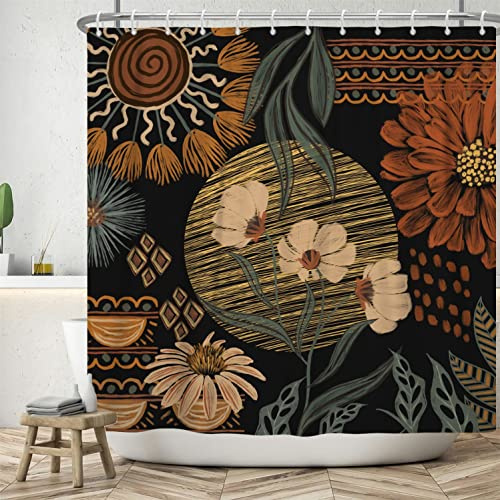 ASDCXZ Duschvorhang 180x200 cm Boho Style, Retro Abstrakt Kunst Blume Blätter Schwarz Kleine Bad Waschbar Duschvorhänge Polyester Textil Wasserdicht Duschvorhang für Badewanne mit 12 Haken