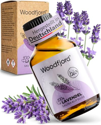 WOODFJORD Saunaaufguss Lavendel BIO 100 ml I Premium Sauna Aufgussmittel für authentische und nachhaltige Saunaerlebnisse I Saunaöl und Saunaduft I Beruhigend und entspannend