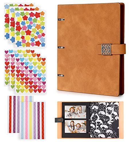 Giloty Album Fotos para Pegar y Escribir, 30 Páginas Negras DIY Album Scrapbook con 2pcs Photo Corners 6pcs Pegatinas,Cubierta de Piel Impermeable para Cumpleaños, Boda, San Valentín (Marrón)