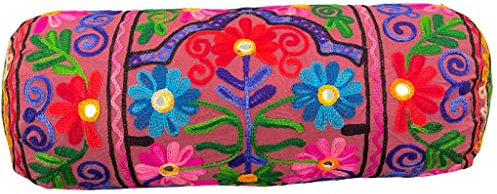 Original Kikan Bolster Cotton Boho Cushion Cover 18 x 7 inch 46 x 18 cms Round Cylinder Takiya For Yoga Meditation, Embroidered, Back Neck Maternity Support Pillow Case Vegan (covers only) (Maroon)