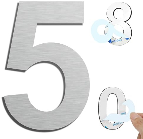 Ywonoby Hausnummer- 3inch Silber Edelstahl Hausnummer, Selbstklebende Hausnummer- für Tür, Briefkasten, Außen- Anti-Friktion, Wetterfest- Ziffer 5