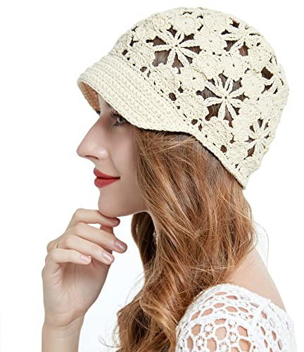 ZLYC Damen-Sommermütze, gehäkelt, handgefertigt, Cutout, Strickmütze mit Visier