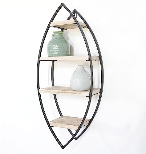 IVOL Design Metall Wandregal - Schwarz - Oval mit 4 Holzböden (26 x 60 cm)