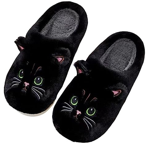 Plush animal slippers, soft and comfortable slippers, women's home slippers, bedroom cat girl plush slippers (black, numeric_8_point_5)