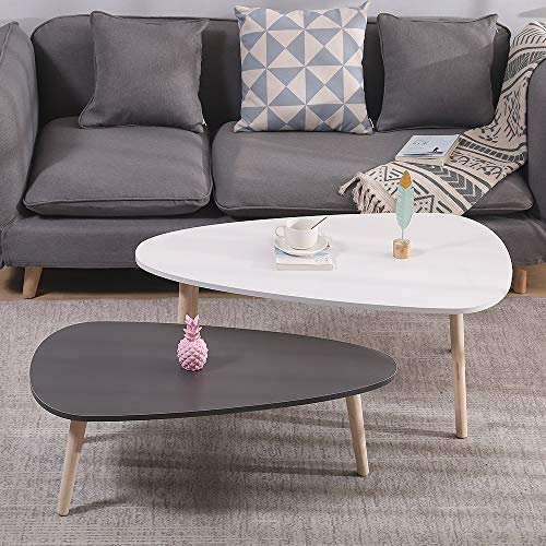 HUOLE 2er-Set Beistelltisch Coffee Tisch Sofatische-Set Satztische, Couchtische mit Beinen aus Massivholz, Tischkombination für Büro, Küche, Wohnzimmer-Zwei Ovale - weiß + grau