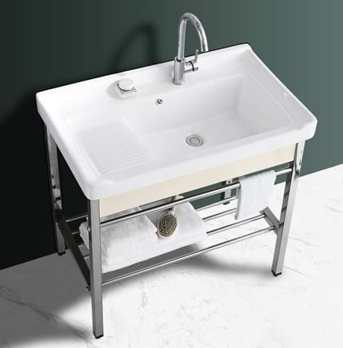 GBHJJ Lavandino per Lavanderia Indipendente, Lavandino a Vasca Singola, con Supporto e Kit di Scarico per Lavanderia, Ripostiglio, Garage, Cantina, per Esterni E Interni,61x48x85cm
