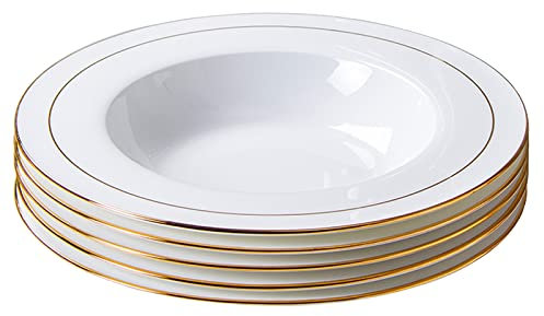 HJXGQJM Assiette Plate Blanche avec Rebord Doré,Service De Restaurant en Porcelaine Chinoise Dessert Dîner,Assiette Plate Ronde, 5 Pièces Assiette en Porcelaine Assiette à dîner(23cm)