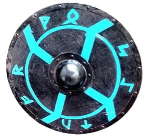 UNIQUE MART Bouclier rond Viking en bois et acier - Bouclier de guerrier Laer - Armure de templier ronde en bois - Cadeau de Noël, Bleu/ noir, adulte