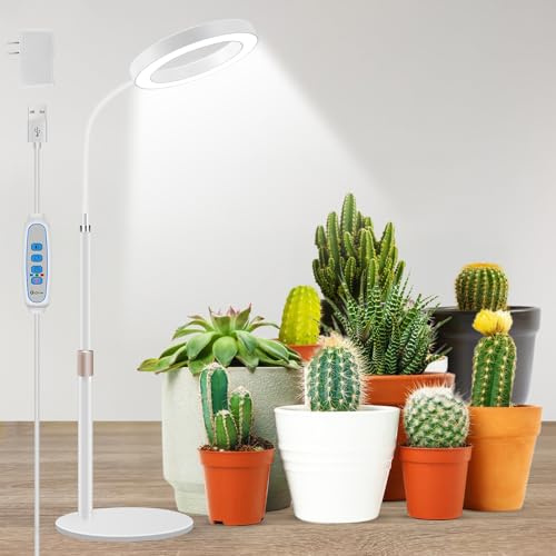 Aumtrly Desk Grow Light Full Spectrum with Base for Indoor Plants Growing | 80 LED, White Halo Design, 24.5-inch Height Adjustable, 6/12/16H Timer, 5 Dimming Levels, 3 Light Modes, Flexible Gooseneck