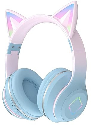 Usoun Kinder Bluetooth kopfhörer, Katzenohr Bluetooth Kopfhörer mit LED Licht, SD Kartenschlitz, 3,5 mm Klinkenstecker, kabellos/verkabelt, faltbar, für Jungen, Mädchen und Erwachsene blau