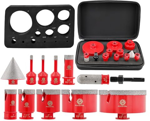 FOCSTOL Diamond Core Drill Bit Set - 12pcs (6/6/8/20/25/35/50/75/100mm+20mm Finger Milling Bit+50mm Beveling Chamfer Bit+SDS) Diamond Hole Saw Kit for Porcelain Ceramic Tile Marble Granite