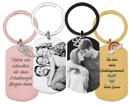 KIDDI-MEDIA Personalisierter Schlüsselanhänger mit echter Foto Gravur und/oder Wunschtext wie z.B. Widmung, Glückwunsch, Name, Geburtstag, etc. – optional mit Charm-Anhänger und Glücksbringer Symbol