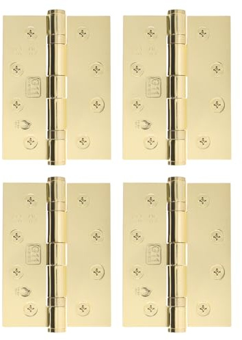 EAI Polished Brass Door Hinges, 102mm / 4 Inch, 2 Pairs Fire Rated | Internal Fire Door Hinges, Perfect for Wooden Doors, Smooth Operation, Ball Bearing Hinges, Fixings Included