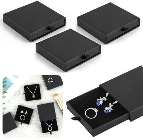 4 Stück Schmuck Geschenkbox, Schwarz 7 x 7 x 1,7cm Schmuckschachtel, Ausziehbare Quadratische Schmuckschatulle Klein, Schmuckverpackungen für Armbänder, Halsketten, Ohrringe
