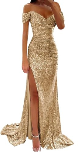 Robe de soirée sexy à paillettes pour femme - Épaules dénudées - Taille haute - Avec fente latérale - Robe longue - Élégante - Col en V - Robe de cocktail - Robe de bal