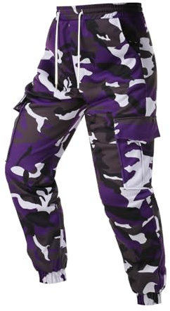 HAPNBCELE Men's Camo Trousers Sweatpants, Combat Camouflage Pants with Pocket for Outdoor Workwear Casual Clothes Slim Fit (Purple Camo, L)