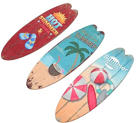 Cabilock 3pcs Ocean Theme Wood Surfboard Signs Vintage Beach House Decor Wooden Wall Art Pool and Surf Decor for Summer Vacation