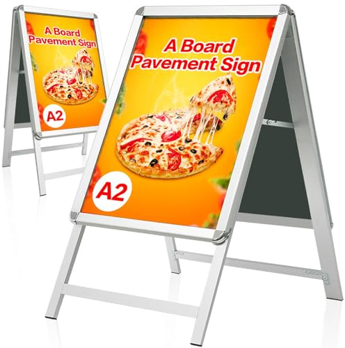 VAIIGO Letrero A2 A-Board Pavement, Caballete Publicitario Exterior, Tablero de póster de doble cara con marco de aluminio para soporte de exhibición, plateado