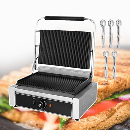 QUSYZD Sandwichera Comercial de Gran Capacidad, Plancha para wafles y Parrilla eléctrica, Placas antiadherentes para una Limpieza fácil, con 5 Pinzas para Barbacoa y Controlador de temperatur,1800W