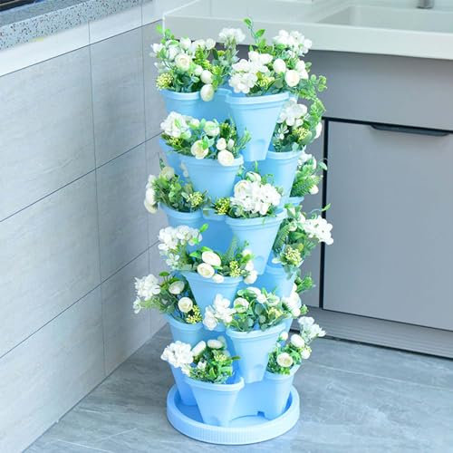 Maceta de fresas apilable vertical con bandeja, maceta de hierbas multicapa para balcón, maceta de plástico, diseño de cuatro pétalos