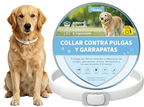 DEWEL Collar Antiparasitario Perros 63,5 cm Blanco, Duración 8 Meses | Contra Pulgas, Garrapatas, Mosquitos y Piojos; Ajustable, Cortable e Impermeable para Perros Grandes y Medianos