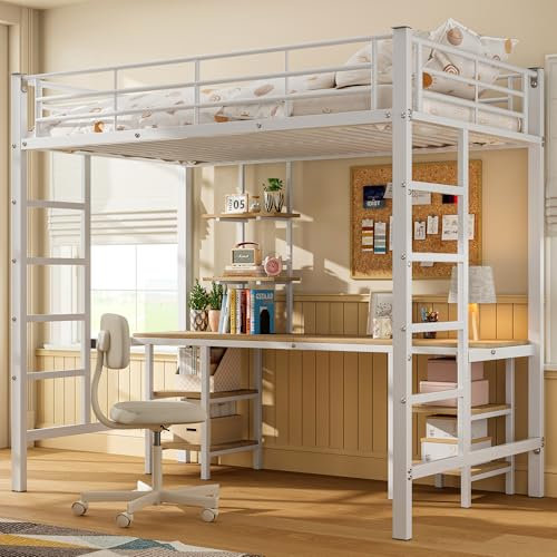 Hochbett 90x200cm mit Tisch und Regalen Eisenrahmenbett für Erwachsene Jugendliche Etagenbett mit Fallschutz Seitenleiter Platzsparen Einzelbett Gästebett weiß