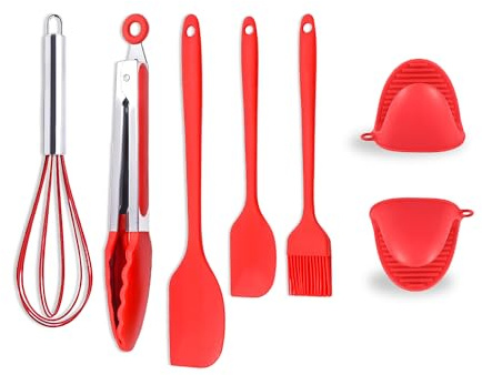 Set di 6 utensili da cucina in silicone antiaderenti con pennello, spatola, frusta, pinze, guanti da forno per cottura, grigliate e friggitrici ad aria, rosso