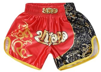 Fasheepfa Pantaloncini da Muay Thai per bambini, boxe, MMA, lotta, combattimento, grappling, arti marziali, kickboxing, Rosso, 13-14 Anni