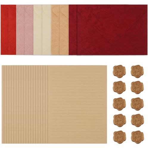 20 Blätter A5 Briefpapier mit 10 Stück Umschlag 16,2×11cm, Vintage Briefpapier Liniert und Umschlag set, mit 10 Wachssiegel, für Hochzeits Einladung Grußkarten Liebesbrief