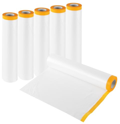 PINGEUI 6 Pack 2.4x20M Plastic Dust Sheet Roll, Pre Taped Masking Film, Tape And Drape, Self-Adhesive Dust Sheets for Painting Furniture Covering