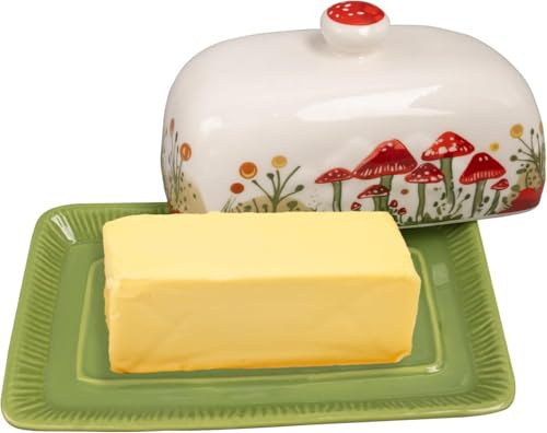 Mushroom Butter Dish with Lid, Ceramic Butter Dish, Green Tray | Butter Keeper,Painted Porcelain Covered Tray with Woodland Mushroom Pattern for Farmhouse Kitchens,Dining Tables and Gifting