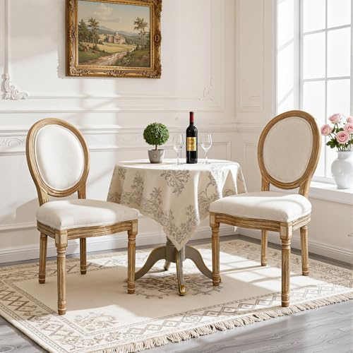 BonVache Juego de 2 sillas de comedor, silla de cocina retro con respaldo ovalado acolchado, patas de madera maciza, asiento acolchado con aspecto de lino para comedor, sala de estar, cocina, blanco