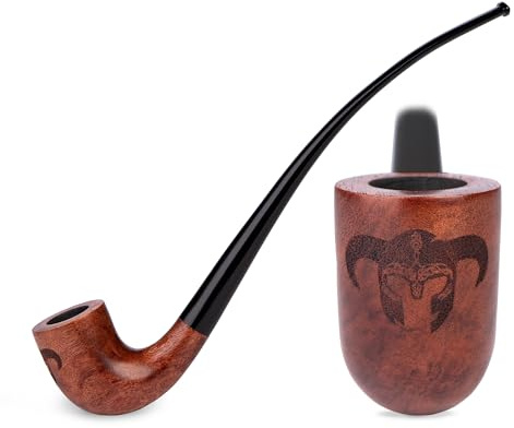 26 cm lång Churchwarden-rökpipa i päronträ med vikingahjälm-gravyr | 9 mm filter | Sammetspåse ingår | Endast för tobaksanvändning