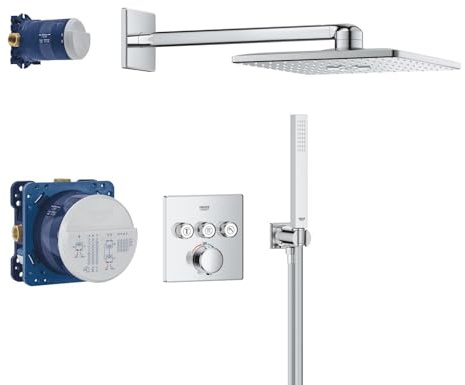 GROHE Precision SmartControl - Concealed Shower System with 3 Valves Thermostat (31cm Head 2 Sprays, Shower Outlet Elbow with Holder, Hand Shower 1 Spray, Hose 1.5m, Square Trim), Chrome, 1072460000