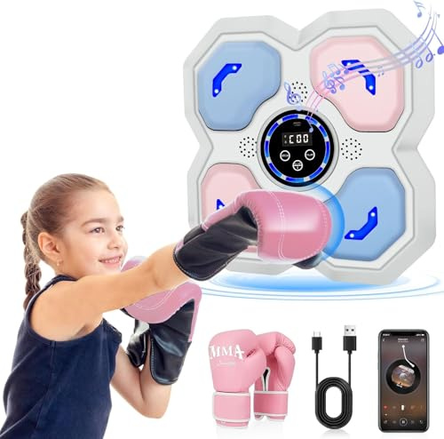 JUOIFIP Machine de Boxe à Musique avec Gants de Boxe, Support Mural, Bluetooth, entraînement à la Maison, équipement de Frappe Mural adapté aux Enfants et aux Adultes (Rose + Bleu)