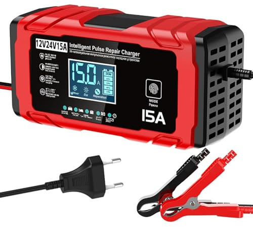 TEKXDD Chargeur Batterie Voitures 12V/24V 15A Automatique, avec Compensation de Température,Booster Batterie Universel Intelligent, pour Voiture, Camion, Moto, Maintien de Charge Sûr Et Efficace