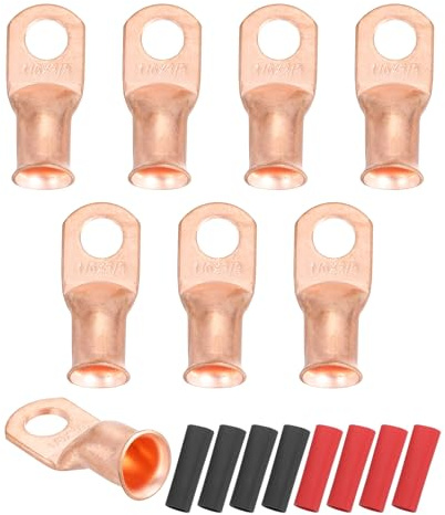 sourcing map 8pcs 1/0 AWG M10 Battery Lugs Ring Terminals, 3/8 10mm Stud Crimp Wire Terminal Connector End Copper, 2:1 Heat Shrink Tubing, Gold