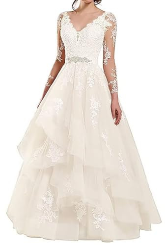 HAIBFJIN Robe de mariée pour femme avec dentelle - Longue robe de plage bohème avec fente élégante - Ligne A - Robe de mariage, ivoire/g, 50 grande taille