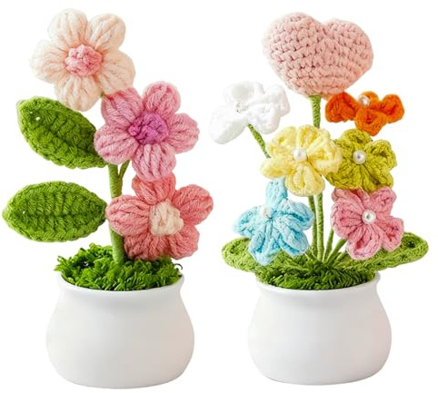 InteDesign 2PCS Crochet Heart Flower Plant, Handmade Crochet Flowers, Hand Crocheted Flower Simulated Small Potted Plant, Pink Knitted Bouquet, for Home Office Desktop Car Decoration